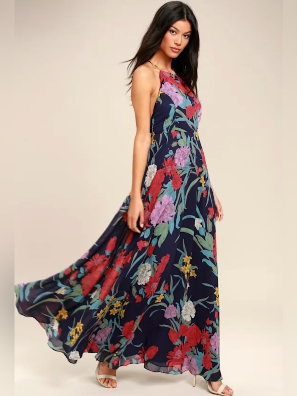 Lulus A Dream Realized Navy Blue Floral Print Semi Formal Maxi Dress Size XS